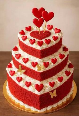 An organic tiered red-velvet cake made by us